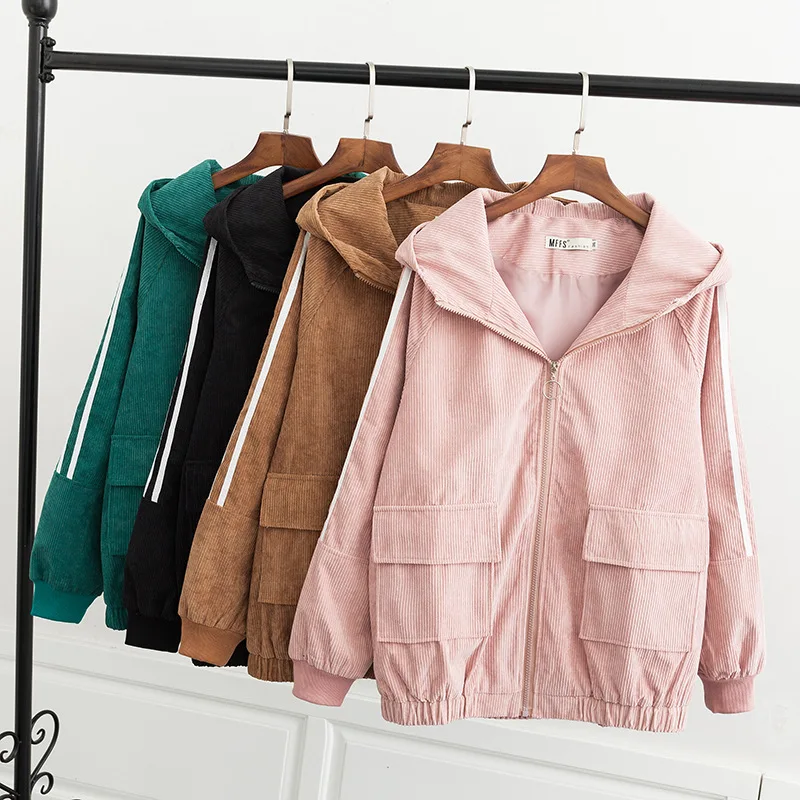 

C1 Large Size Dress 2019 Spring Clothing Fat Mm Loose-Fit Corduroy Hot Selling Baseball Uniform Hooded Coat 8070