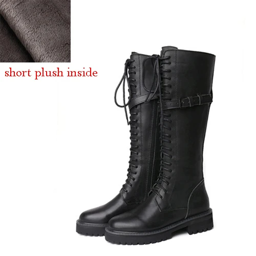 Full genuine leather lace up med heels punk superstar equestrian knee high boots buckle fasteners plus size 34-43 YT12 MUYISEXI - Цвет: black short plush