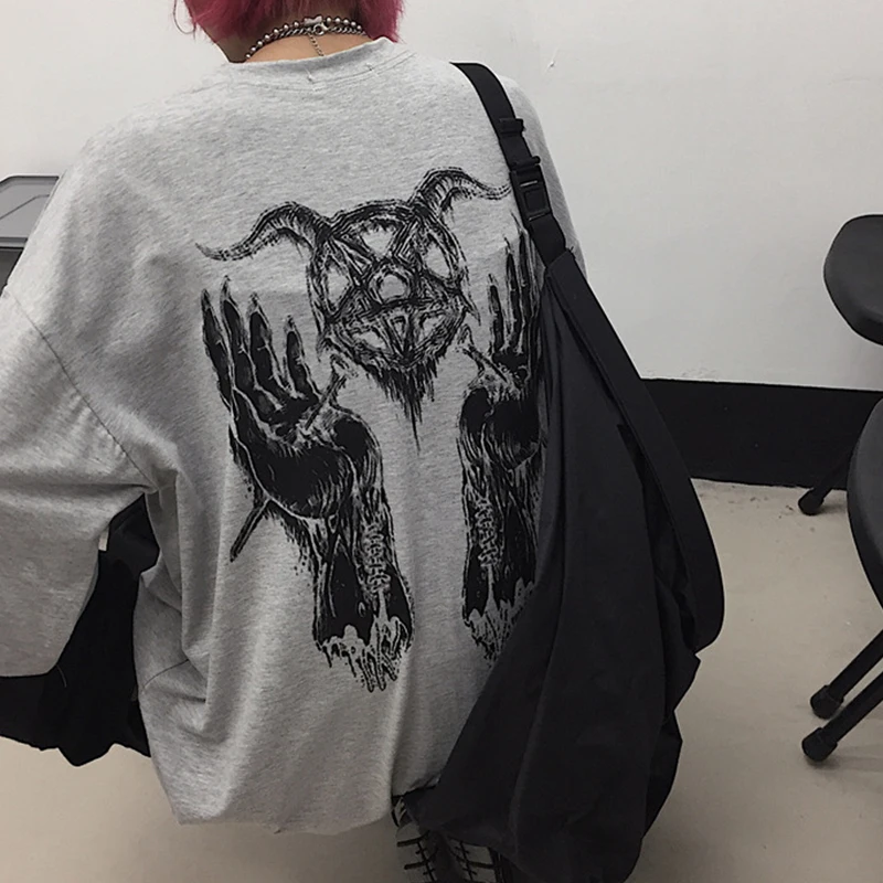 InsGoth Harajuku Parchwork свободная с рисунком черепа футболки уличная мода Большой размер с длинным рукавом o-образным вырезом Женская футболка для влюбленных