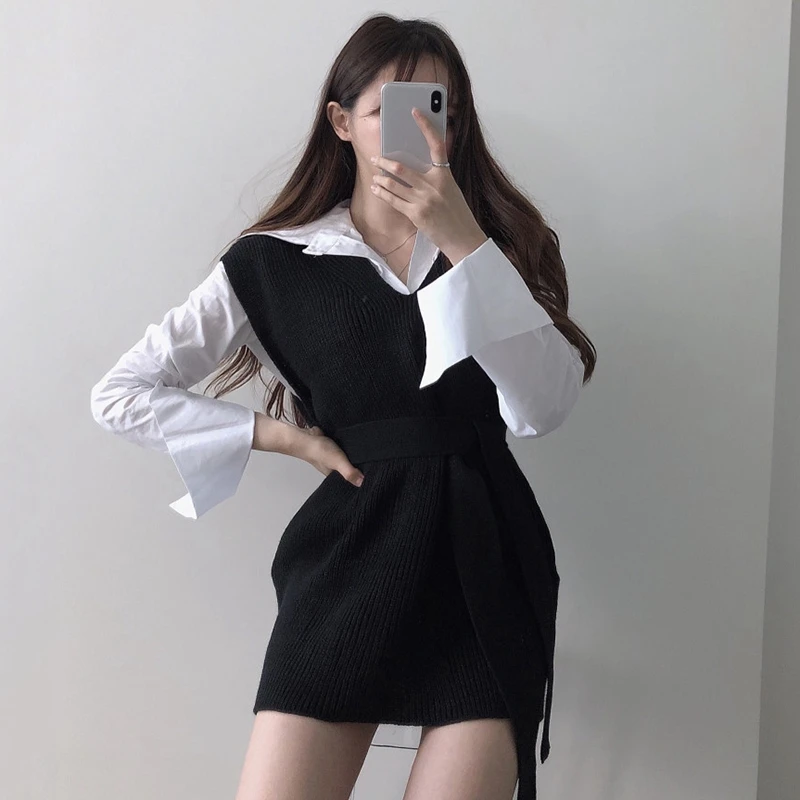 RICININA Knitted Vest Women Sweater Sleeveless V Neck Sashes Bandage Solid Elegant Sweaters Women Pullovers Jumpers Woman