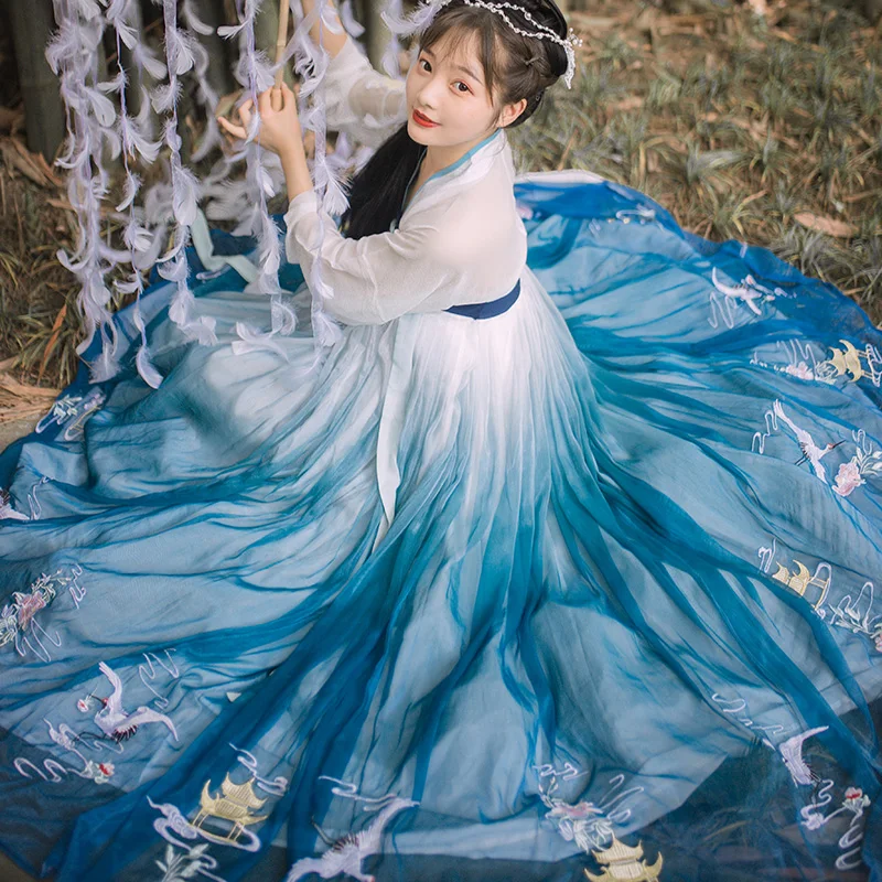 Женские танцевальные костюмы Hanfu с синей вышивкой, традиционное платье феи, наряд для народного фестиваля, одежда для выступлений певцов DC2707