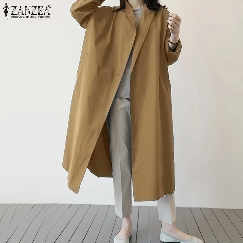 ZANZEA-gabardina de gran tamaño para mujer, chaqueta elegante de un solo botón para mujer, abrigo informal de color sólido con solapa, capa de gran tamaño 5XL 2021