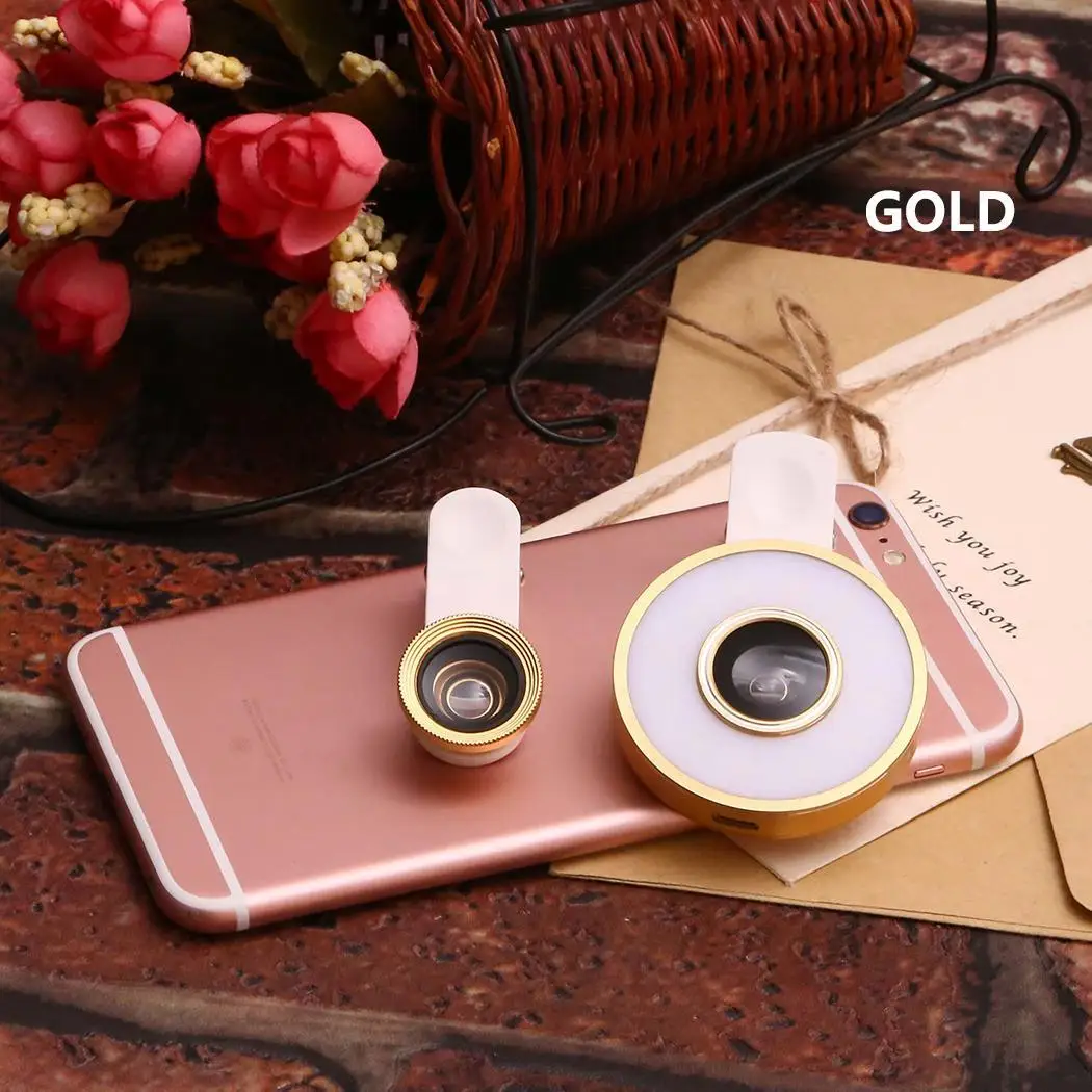 6 In 1 Clip On LED Light Fisheye Smartphones, Tablet PC 300pcs Wide Angle Macro Lens Kit For Smartphones