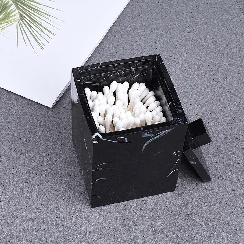 JINSERTA Marbled Resin Storage Box Cotton Swab Organizer Home Toothpick Holder Hotel Luxury Bathroom Cotton Pad Box with Lid