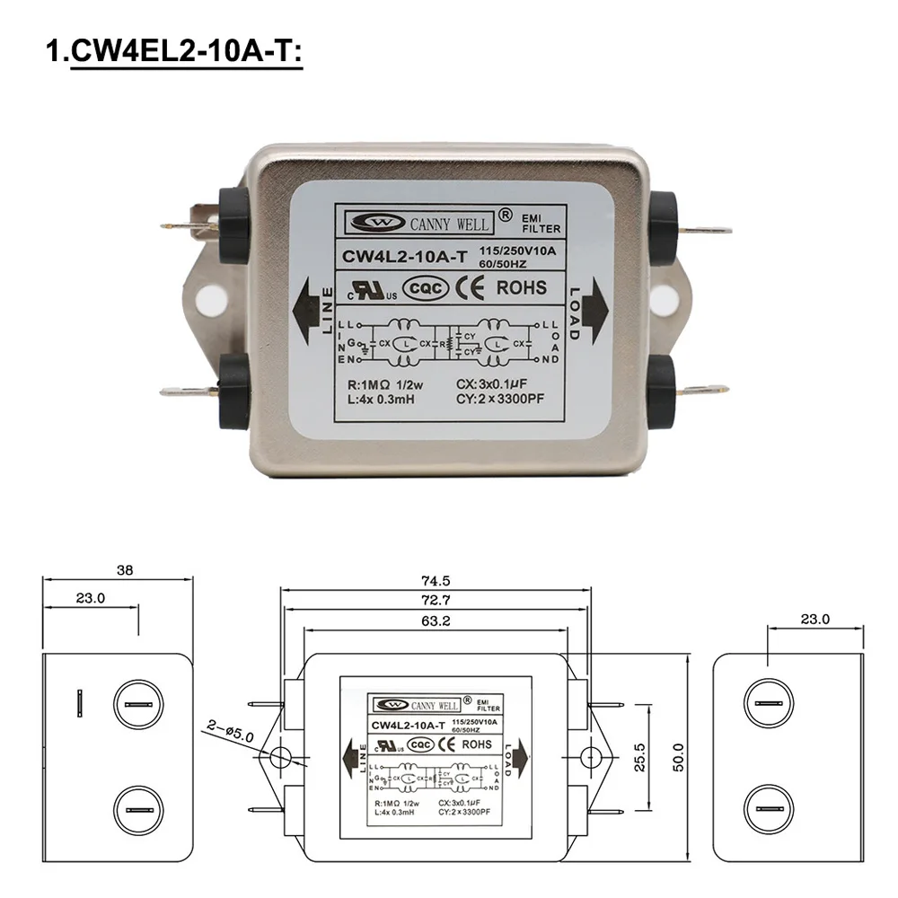 Wakects CW4L2-20A-T Netzfilter-Rauschunterdrücker EMI-Filter-Anschlussmodul 115 V 250 V 20 A 50/60 Hz