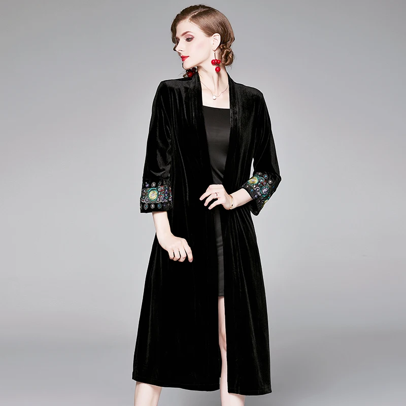 

3XL 2019 Autumn Winter Velvet Trench Coat Women Long Elegant Outwear Female Overcoat Slim Black Cardigan Trench New Windbreaker