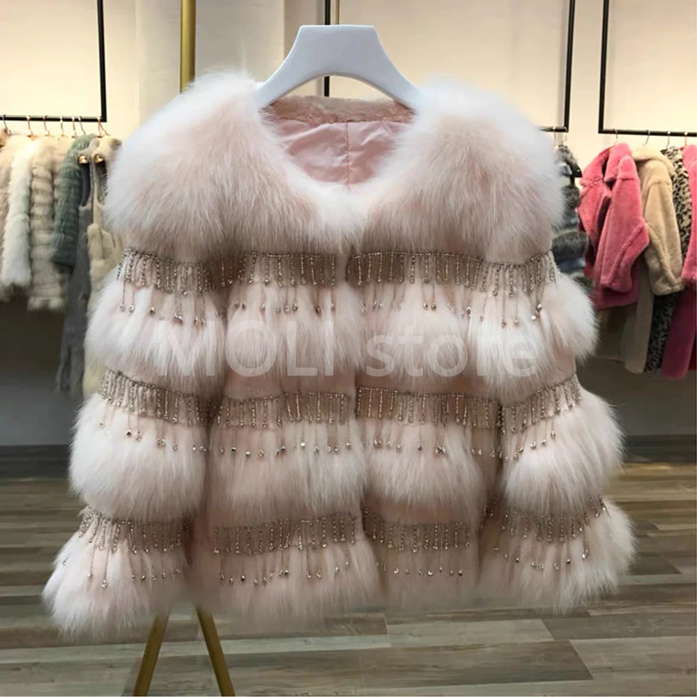 Шуба из натурального Лисьего меха, женское осеннее и зимнее пальто,, натуральный Лисий мех, кроличий мех, пальто, корейская Роскошная Одежда - Цвет: Light pink