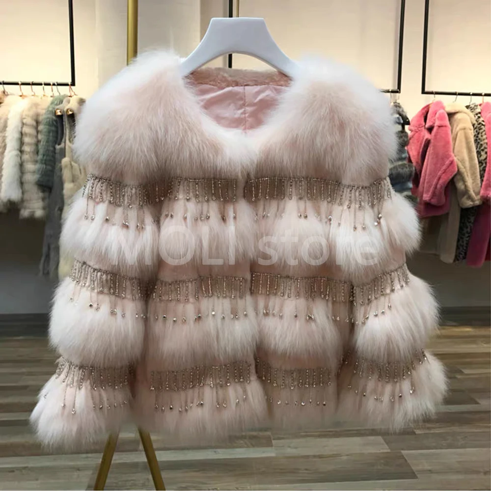Light pink Шуба из натурального Лисьего меха, женское осеннее и зимнее пальто,, натуральный Лисий мех, кроличий мех, пальто, корейская Роскошная Одежда - Цвет: Light pink