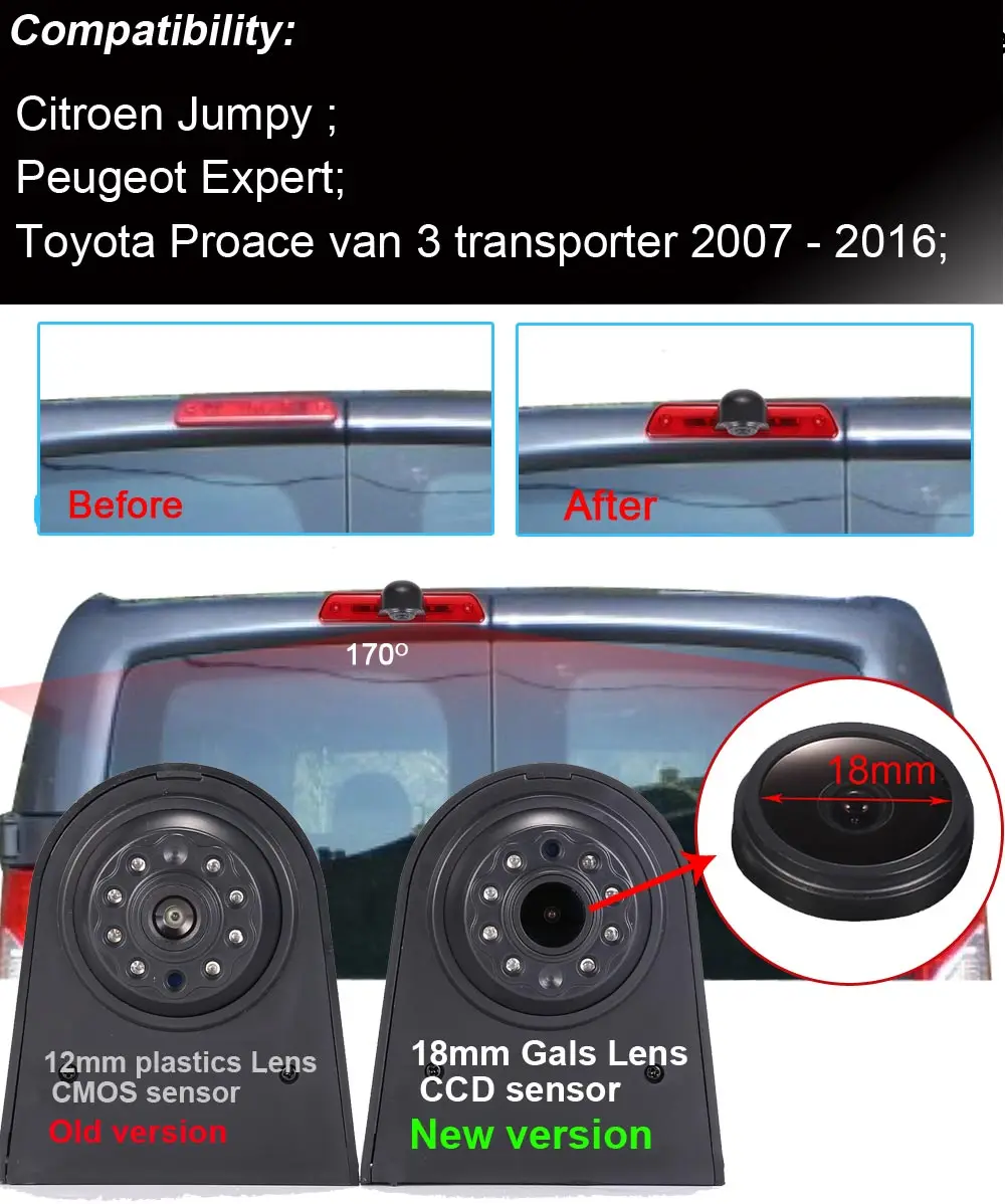 18mm Gals lens HD Car Brake Light Taillight parking backup rear view Camera for Toyota Proace veron Peugeot Expert Traveller VAN