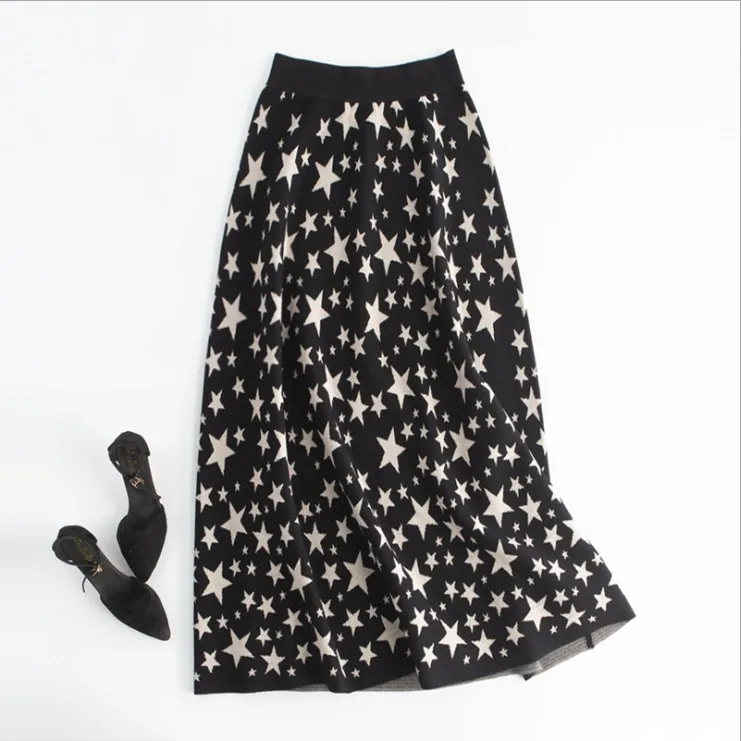 

winter elastic flexible stretch high waisted midi a line star printed black knitted skirt for women womens skirts saia saias