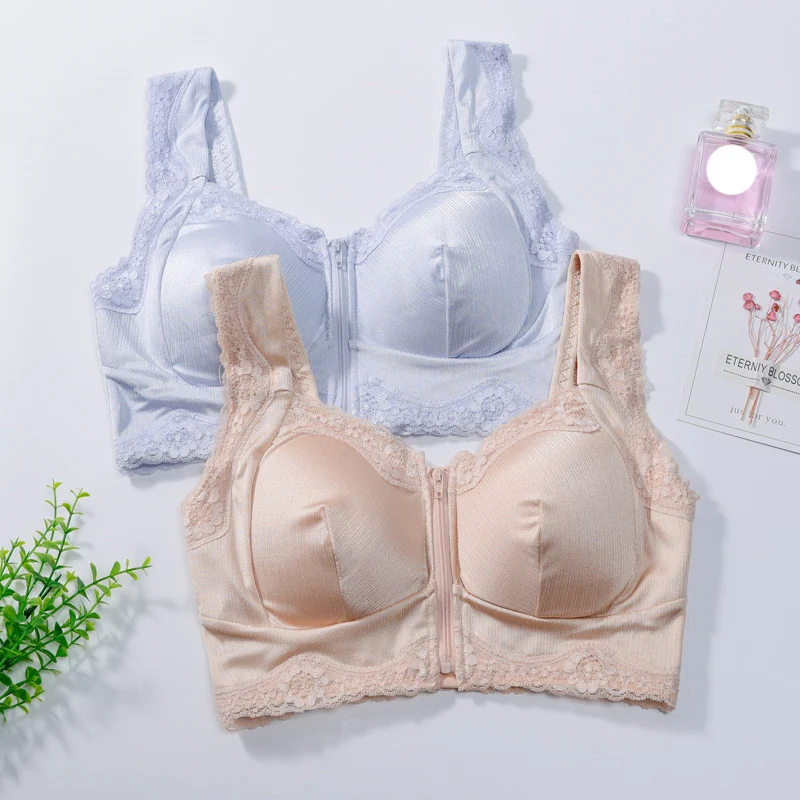 FUNKLOUZ No Steel Ring Bra for Fake Breast Form Mastectomy Front Zipper Bra Designed with Pockets for Silicone Breast Prosthesis