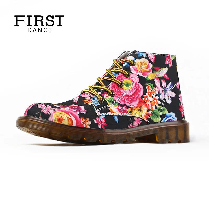 FIRST-DANCE-2018-Luxury-Brand-Fashion-Tenis-Feminino-Women-Dr-Martin-Shoes-Flower-Print-Black-Ankle