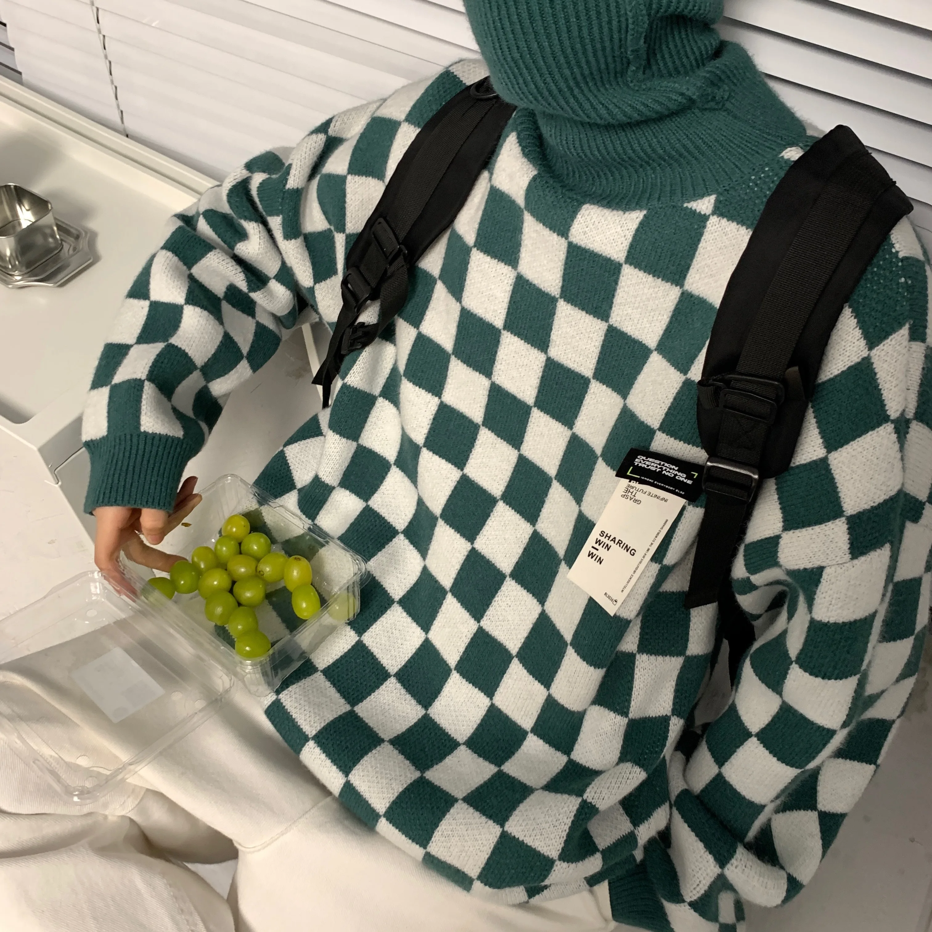 

Autumn couple checkerboard high quality pullover high neck long sleeve sweater sweater men