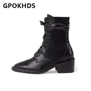

GPOKHDS 2021 women Ankle boots Cow leather Winter short plush Round Toe Lace-Up High heels female Riding boots size 40