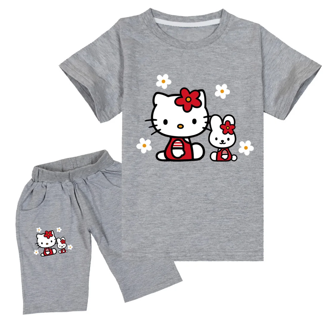thumbnail image 1 of Traje de Hello Kitty para niños, Top con estampado de dibujos animados bonitos para niñas + Pantalones cortos, conjunto de dos piezas, camiseta de manga corta para niños + Pantalones deportivos para n, 1 of 4