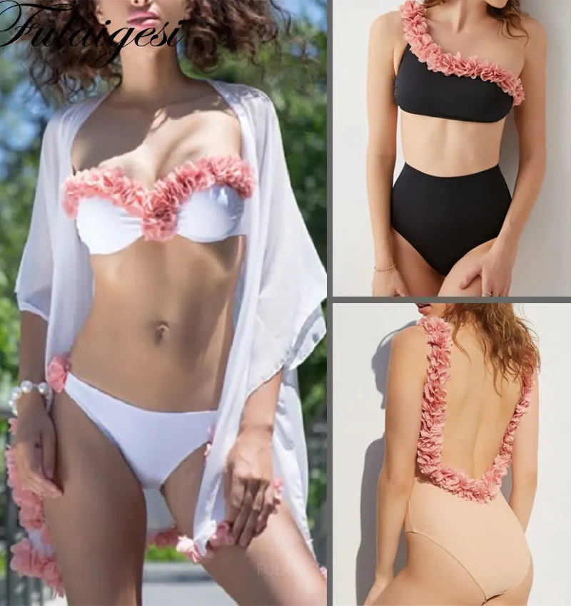 

Swimwear Lace Up Hot Swimsuit Beach Wear Solid White Bath Suits 3D Floral Women Bandeau Bikini Set Crochet Flower Ruffle Push Up