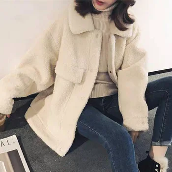 

Korean Women Jacket Antumn and Winter Thick Short Wool Coat Solid Color White Oversized Harajuku Overcoat Outwear Minimalist