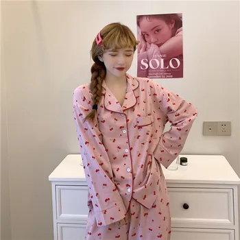

Autumn and winter new women's Korean pajamas long sleeve sweet cherry Korean cotton loose casual home wear two piece suit