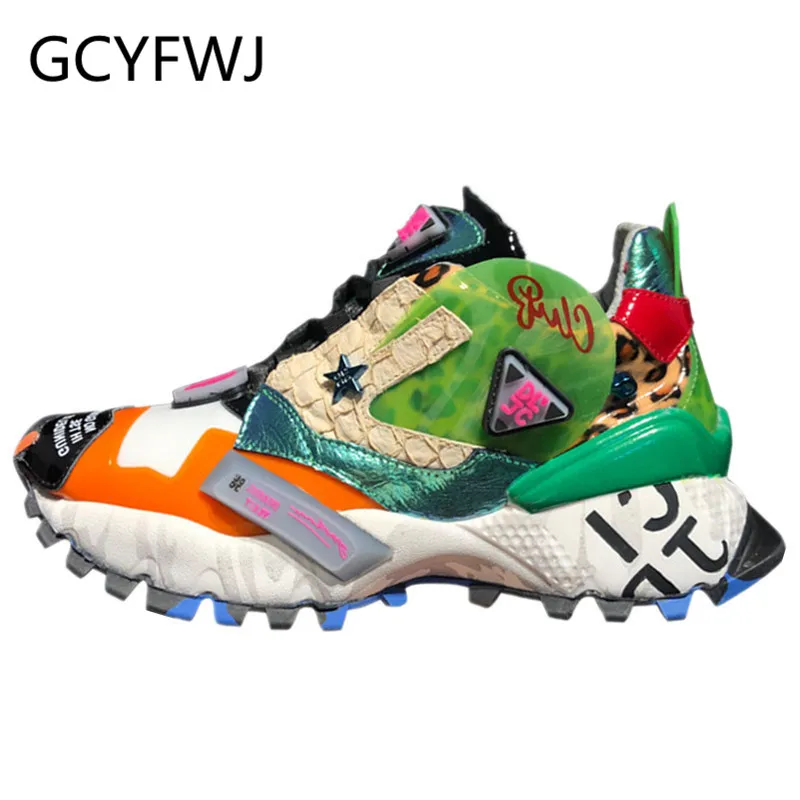 

GCYFWJ Women Sneakers Graffiti Leopard Print Platform Shoes Lace Up Shoes Woman Street Genuine Leather Thick Bottom Dad Sneakers