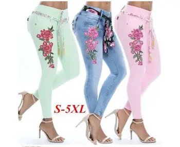 

Women High Waist Jeans Ripped Women's Casual High Waist Embroidered Elastic Holes Denim Pencil Pants Jeans Plus Size