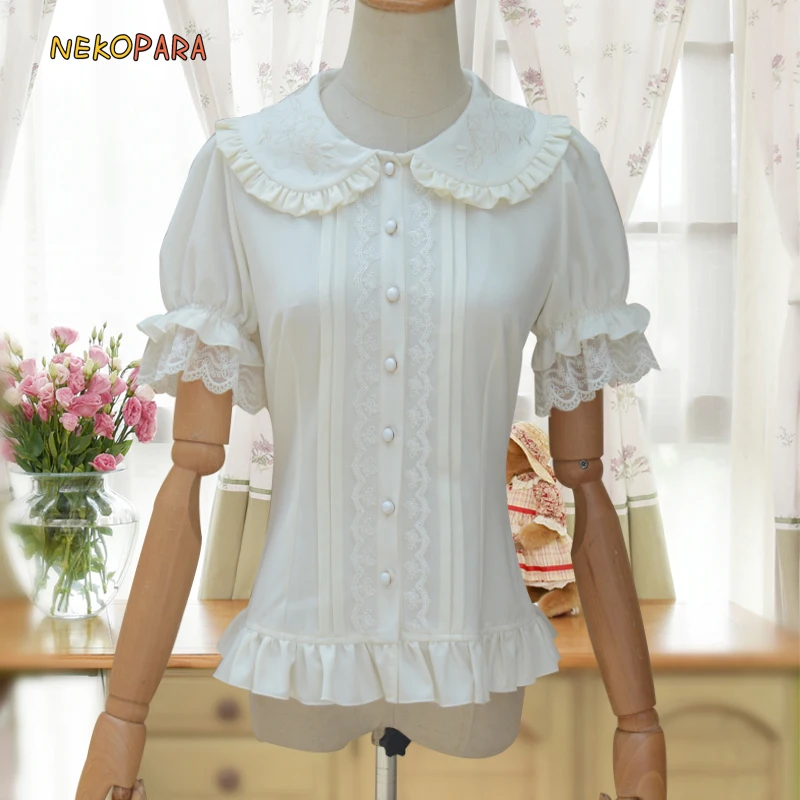2017 Summer Women's Lolita Chiffon Short Sleeve White Blouse Peter Pan Collar Dolly Cute Shirt Tops Size S M L XLGood Quality | Женская