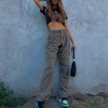 WeiYao High Waist Casual Jogger Pants Women Harajuku Vintage 90S Straight Leg Trousers Pocket Denim Grunge Pants Y2K Aesthetic