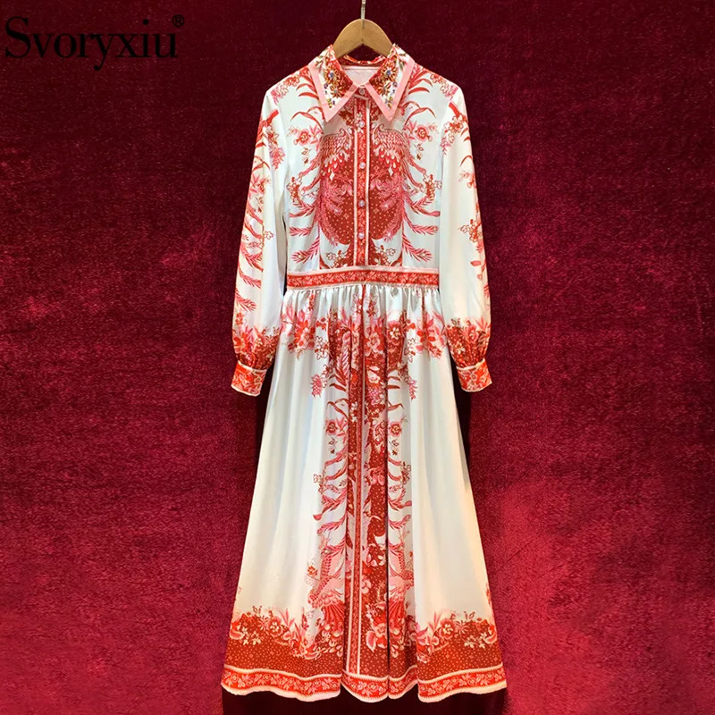 Svoryxiu Vintage Runway Herfst Winter Maxi Jurk vrouwen Lantaarn Mouw Kralen Kraag Bloemenprint Elegante Partij Lange Jurken