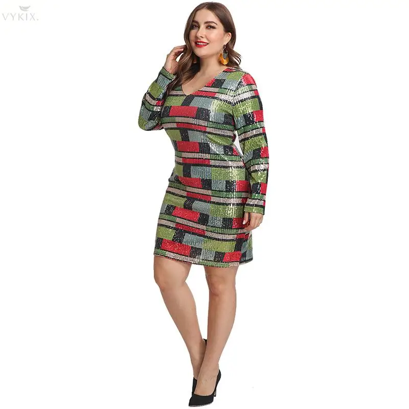 5XL размера плюс женское зимнее мини-платье с v-образным вырезом, платье с блестками, длинные рукава, прямые сексуальные платья, ночная Клубная одежда, вечерние платья бодикон