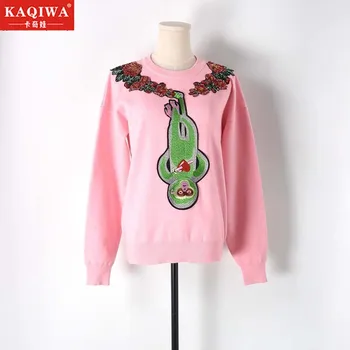 

2019 Sweet Sweater Sequin Beading Embroidery Animal Knitted Jumper Runway Design Long Sleeve Pullovers Top Women Sweater