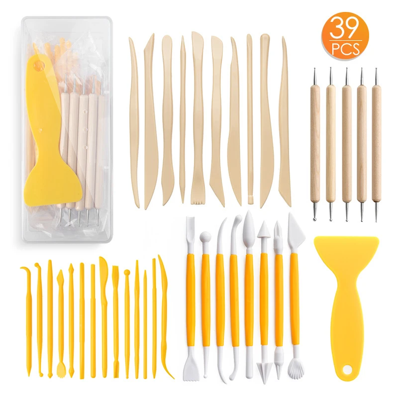 

39pcs Wooden Polymer Clay Pottery Play Dough Modeling Tools Plastic Crafts Clay Modeling Tool for Cake Fondant Decoration