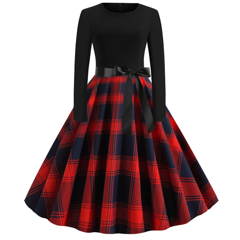 

New 2019 Autumn Winter Women Plaid Dress Elegant Vintage Pin Up Rockabilly Robe Femme Black Patchwork A-line Party Vestidos