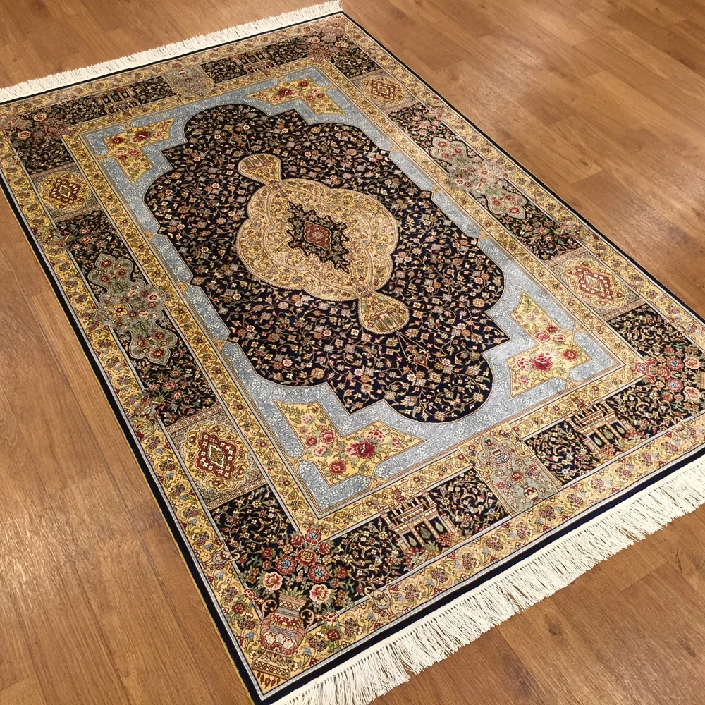 Yilong 4 'x 6' красивый Шелковый бежевый и синий цвет восточные руки завязанный