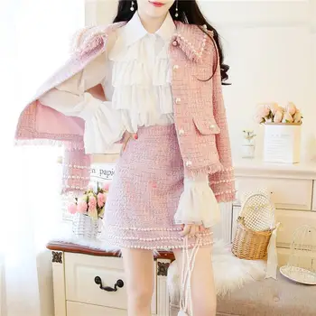 

Women 2020 Fall Winter Chic Pearl Beaded 2 Piece Set Female Tweed Single Breasted Jacket Coat +High Waist A-Line Skirt Suit N199