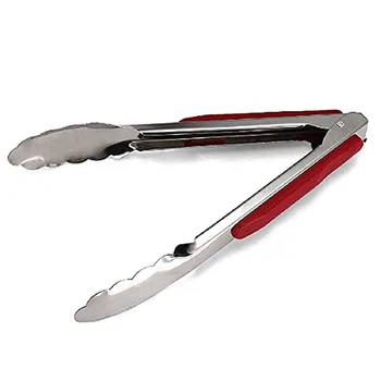 

New 9-Inch Stainless Steel Red ABS BBQ Tongs Kitchen Cook Tool Convenient Practical