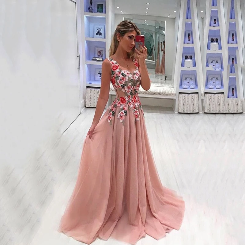 

V Neck Lace Formal Dresses Embroidered Prom Dresses Tulle Long Aline Evening Dress Long Party Dress Embroidered Gowns Elegant