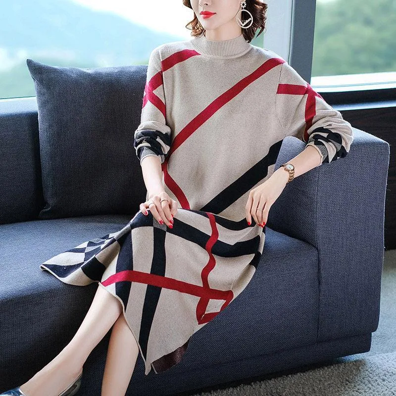 

2022 Spring Autumn Fashion Knitting Women Plaid Dress Sweater Patchwork Turtleneck Pullover Bottom Knee-Length Female Clothing