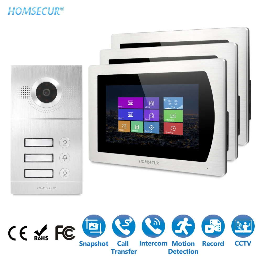 HOMSECUR 7\ Video Door Entry Security Intercom Call Transfer Supported 800TVLine 110 Wide View Angle for 3-Apartments