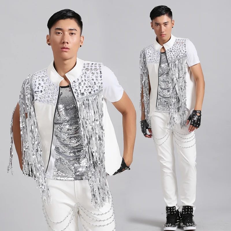 

Bar Nightclub Male Singer Ds Dj Silver Sequined Tassel Short Sleeve Coat Men's Tassel Jacket Stage Costume Jazz Clothes DNV11968