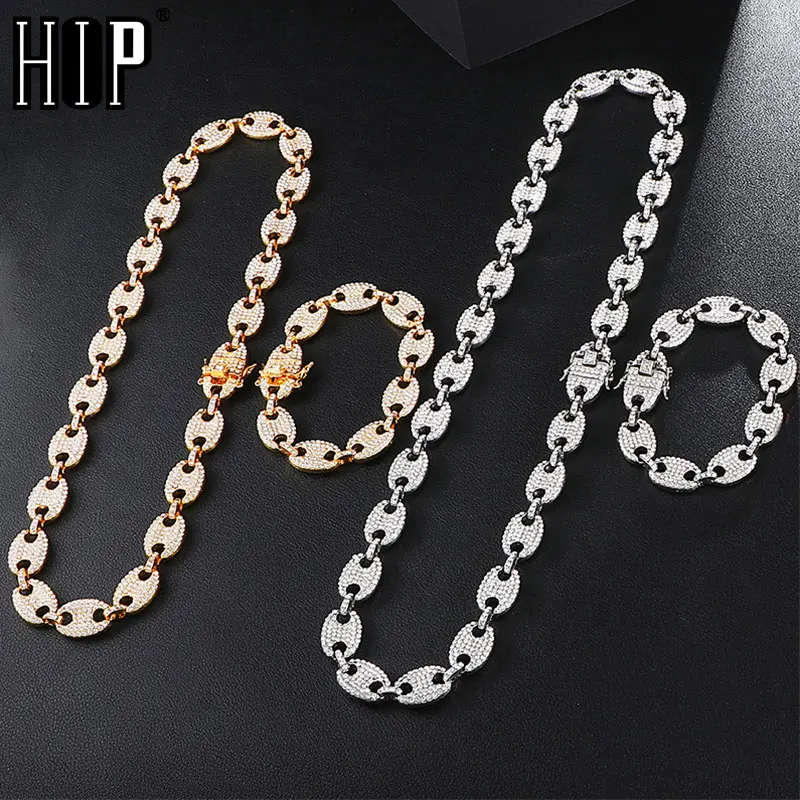 Хип-хоп 1kit Bling Многоцветный кофейные бобы Iced Out CZ Свинья Нос Стразы Шарм звено цепи ожерелья и браслет для мужчин ювелирные изделия
