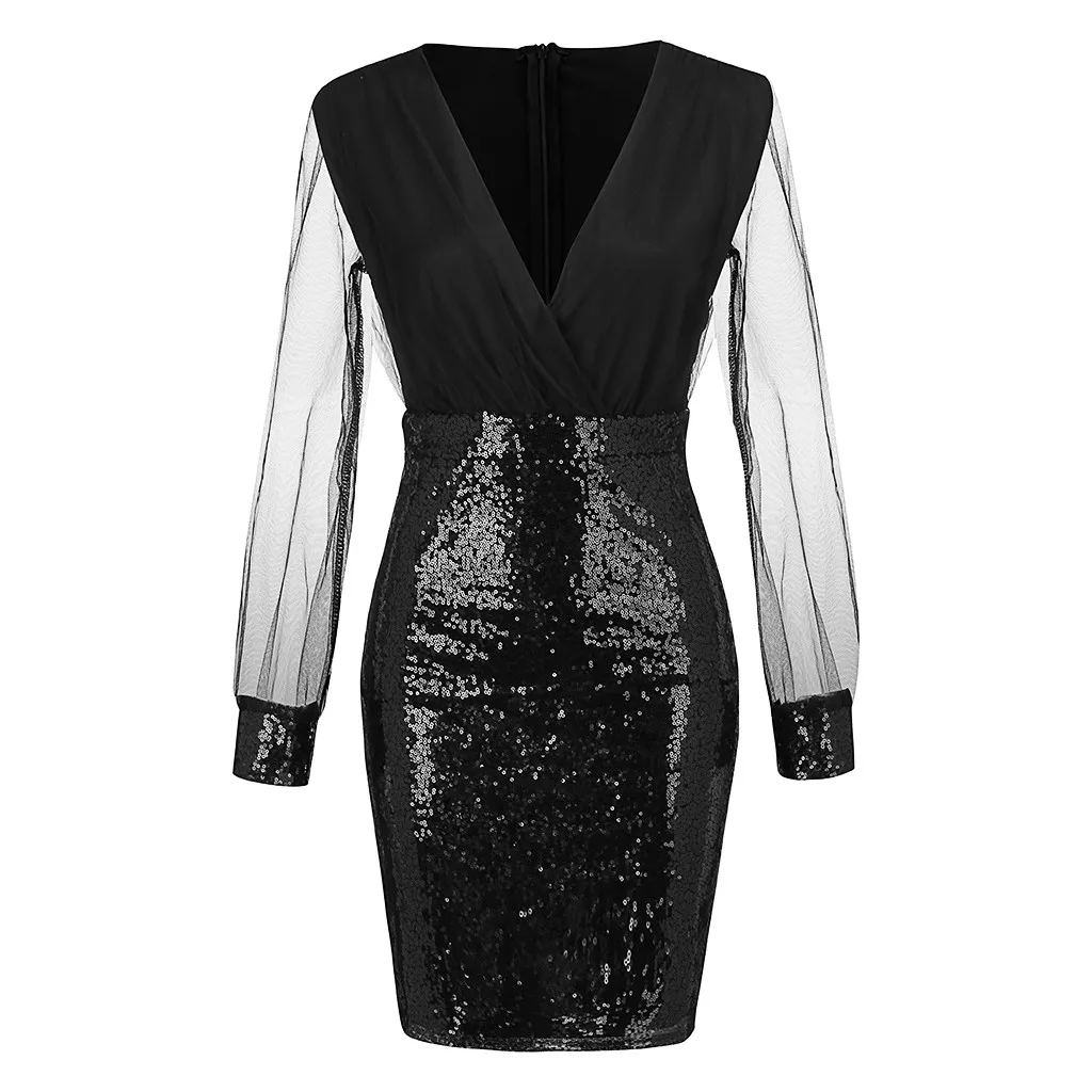Женское повседневное облегающее Сетчатое мини Клубное платье с v-образным вырезом и длинным рукавом, элегантное вечернее платье с блестками, Прямая поставка dgh3