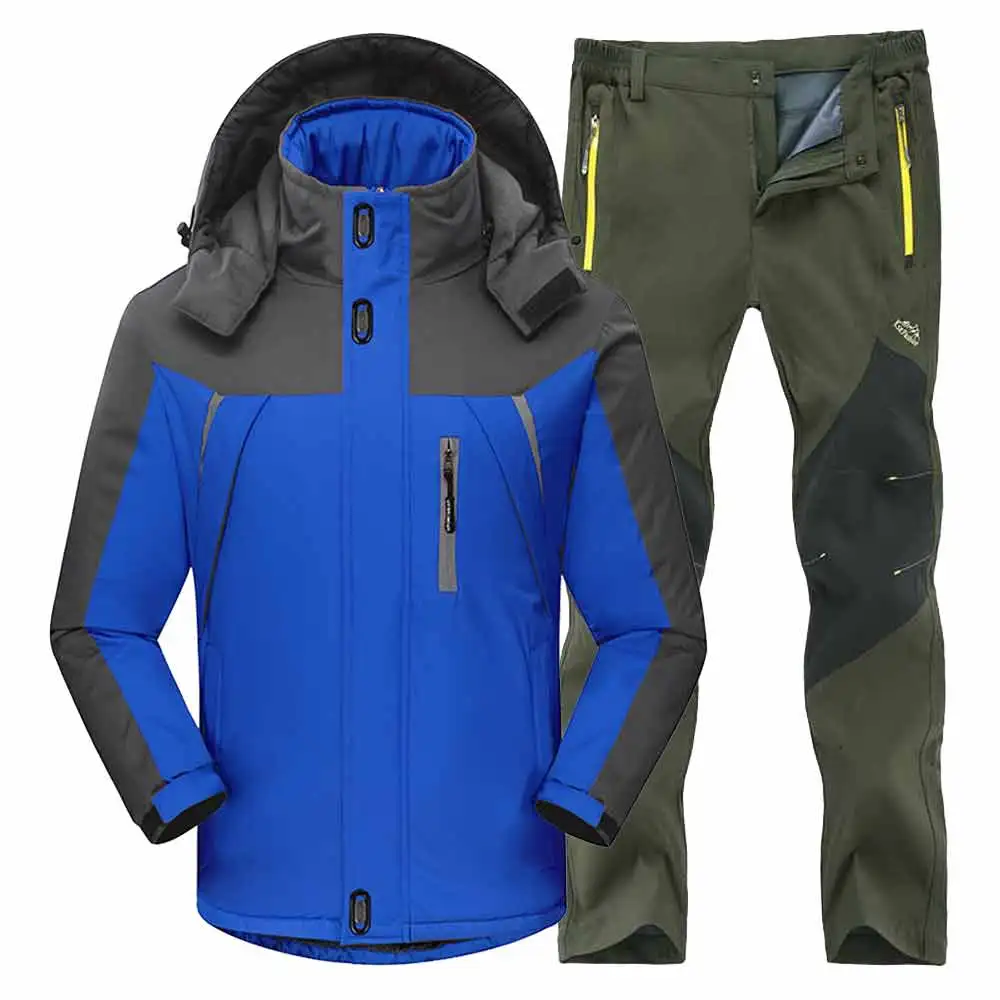 Мужские зимние водонепроницаемые лыжные теплые флисовые походные куртки для рыбалки и катания на лыжах, мужские походные брюки, походная куртка, комплект, 4XL костюм