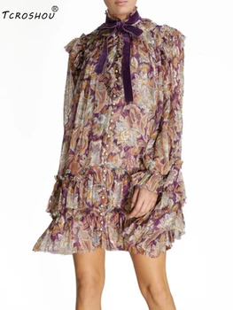 

Contrast color, lace, bowknot, frill, multi-level, retro, printed, loose dress, ladies' autumn new fashion, free shipping