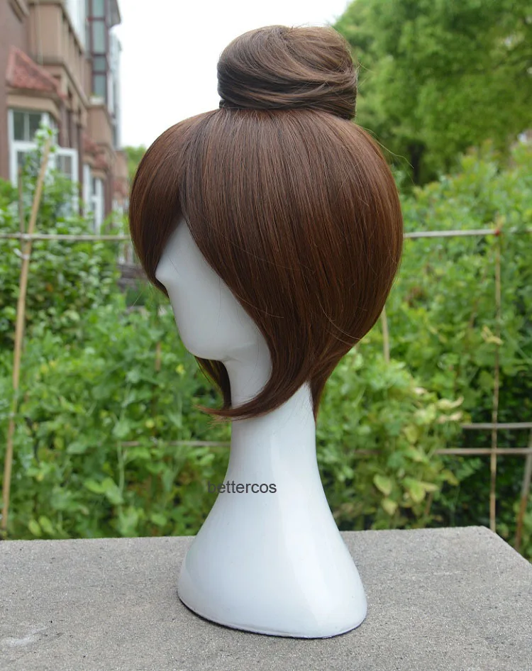 Игра OW Mei Косплей парики короткие коричневые с булочкой термостойкие синтетические волосы парик+ парик колпачок