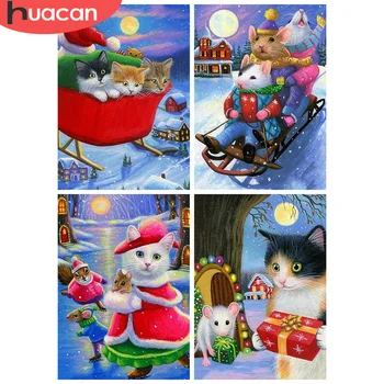 

HUACAN Diamond Painting Cat Cross Stitch Full Square 5D Diamond Embroidery Animal Mosaic Winter Needlework Handmade Gift Art