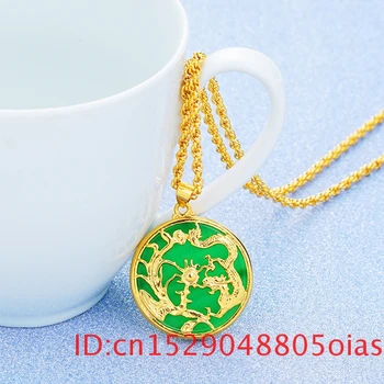 

Natural Green Jade Dragon Phoenix Pendant Necklace 925 Silver Jadeite Chalcedony Amulet Charm Jewelry Gifts for Women Her
