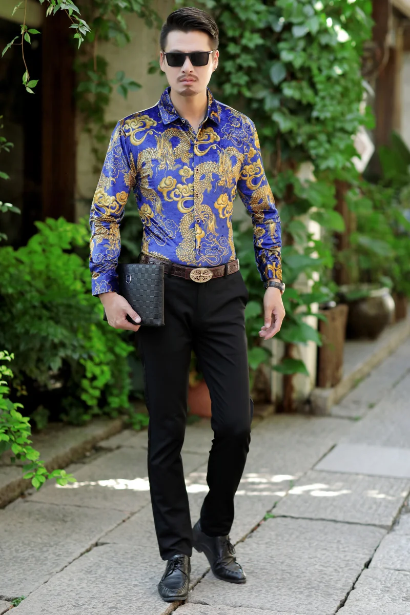 Рубашка с цветочным принтом дракона для мужчин Camisa Social Masculina De Luxo рубашка мужская с длинным рукавом бархатная рубашка мужская сорочка Homme