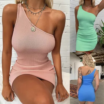 

Oufisun Women's Summer 2020 Dress One Shoulder Sexy Elegant Package Hips Ladies Party Dresses Female Bodycon Short Dress Female