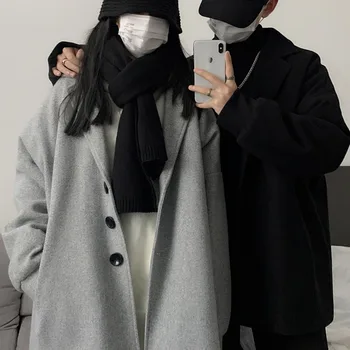 

Winter Plus Cotton Woolen Coat Men's Fashion Solid Color Casual Retro Woolen Jacket Men Streetwear Loose Couple Woolen Coat