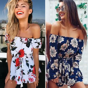 

New Fashion Women Summer Off Shoulder Beach Jumpsuit Clubwear Loose Playsuit Romper Hot Short Floral Print Jumpsuits