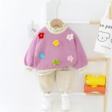 Весенние комплекты одежды для маленьких девочек, кружевная футболка с цветами и штаны, одежда для малышей, Детский костюм для отдыха